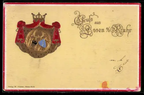 Präge-AK Essen a. d. Ruhr, Wappen mit Krone, Gruss aus Essen