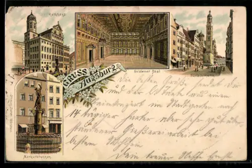 Lithographie Augsburg, Rathaus, Goldener Saal, Merkurbrunnen und Perlachturm