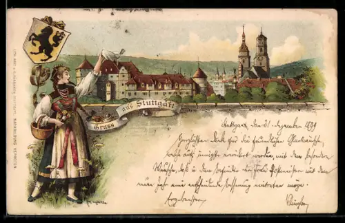 Lithographie Stuttgart, Panorama der Stadt, Frau in Tracht, Wappen