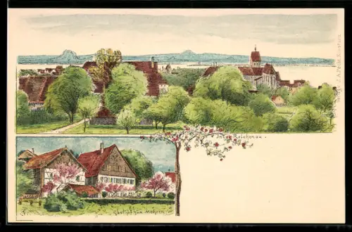 Lithographie Reichenau, Gasthof zum Mohren, Gesamtansicht