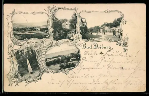 AK Bad Driburg, Trinkhalle mit Allee, Obelisk, Ruine, Bad und Ortsansicht