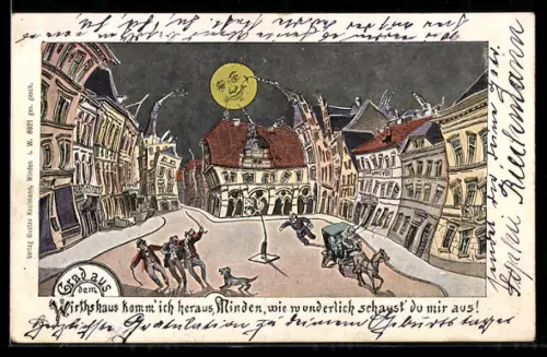 Wirtshaus-AK Minden, Marktplatz aus der Sicht eines Betrunkenen