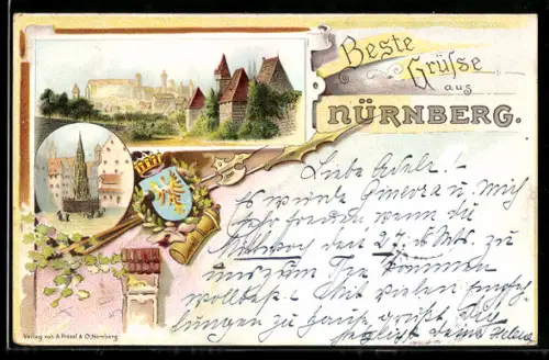 Lithographie Nürnberg, Ortsansichten und Wappen