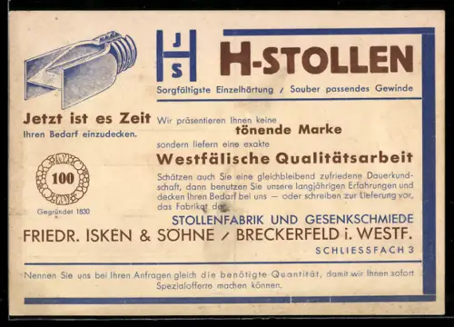 AK Breckerfeld i. Westf., Stollenfabrik und Gesenkschmiede Friedr. Isken u. Söhne, H-Stollen