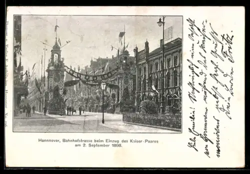 AK Hannover, Bahnhofstrasse beim Einzug des Kaiserpaares am 2. September 1898