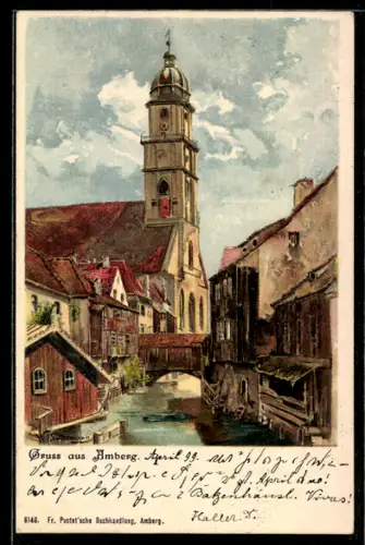 AK Amberg, Ortsansicht mit Kirche und Fluss