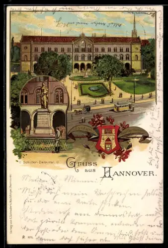 Lithographie Hannover, Lyceum, Schiller-Denkmal, Strassenbahn