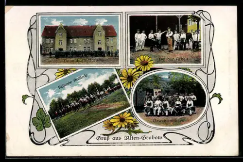 Passepartout-AK Alten-Grabow, Reitende Artillerie, Mannschafts-Baracke, Gewehrreinigen