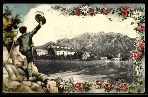 AK Oberammergau, Ortspartie im Passepartoutrahmen mit winkendem Mann