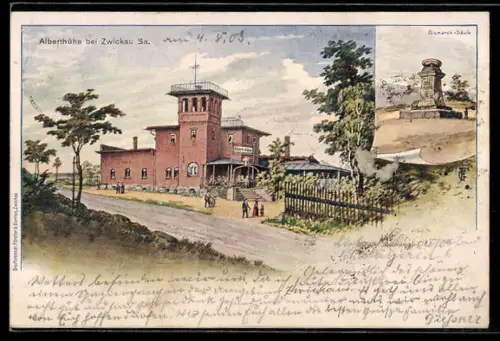 Lithographie Zwickau / Sa., Alberthöhe, Bismarck-Säule
