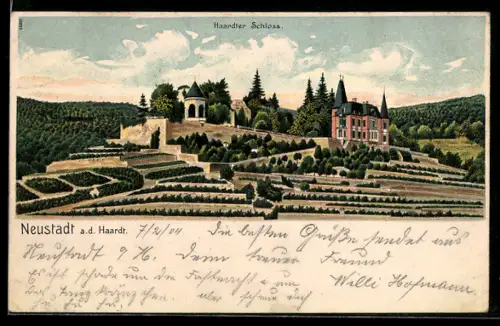 Lithographie Neustadt a. d. Haardt, Panorama mit Haardter Schloss