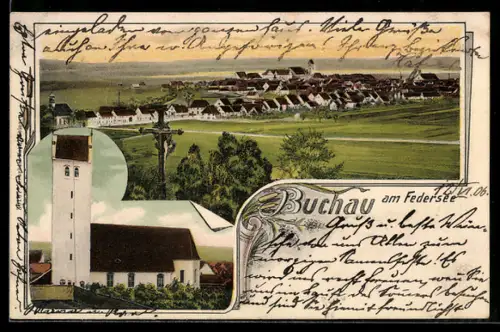 Lithographie Buchau am Federsee, Totalansicht des Ortes und Kirche
