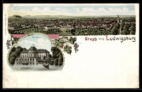 Lithographie Ludwigsburg, Totalansicht und Schloss Monrepos