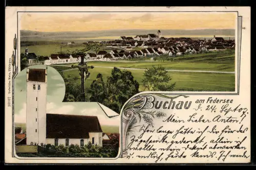 Lithographie Buchau am Federsee, Totalansicht des Ortes und Kirche