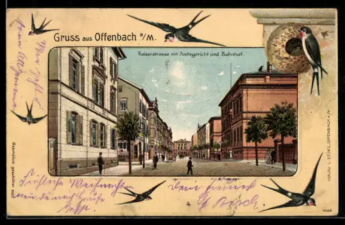 AK Offenbach a. M., Partie in der Kaiserstrasse mit Amtsgericht und Bahnhof