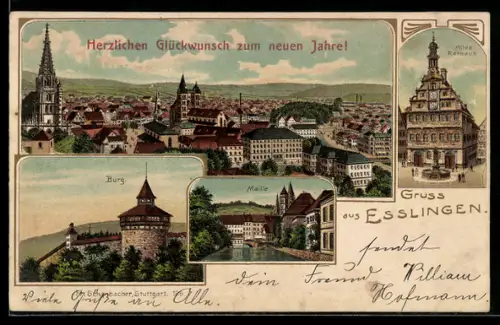Lithographie Esslingen / Neckar, Burg, Altes Rathaus, Maille, Panorama