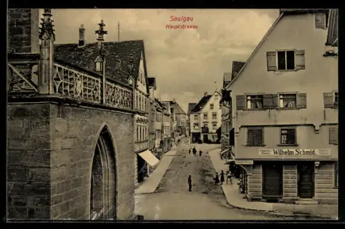 AK Saulgau, Partie an der Hauptstrasse mit Fleischwarengeschäft von Wilhelm Schmid
