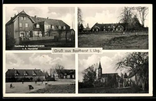 AK Basthorst i. Lbg., Gasthaus u. Gemischtwaren von A. Hamester, Kirche