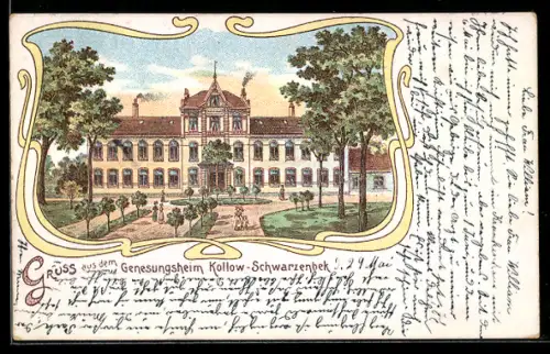 Lithographie Kollow /Schwarzenek, Frontalansicht des Genesungsheims mit Gartenanlagen