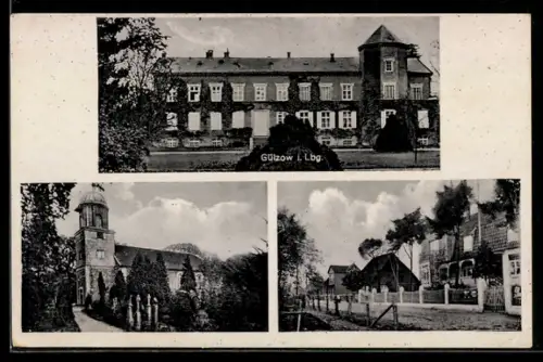 AK Gülzow i. Lbg., Verschiedene Ortspartien mit Kirche und Herrenhaus