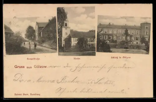 AK Gülzow, Partie an der Hauptstrasse, Kirche und Schloss