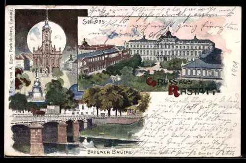 Lithographie Rastatt, Schloss, Badener Brücke und Kirche bei Nacht