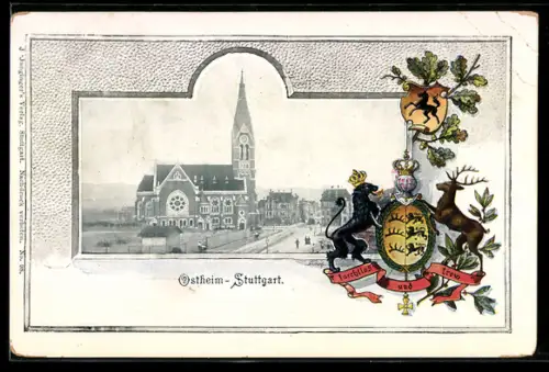 Passepartout-Lithographie Ostheim-Stuttgart, Strassenpartie mit Kirche, Wappen
