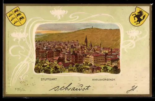 Lithographie Stuttgart, Karlsvorstadt, Wappen