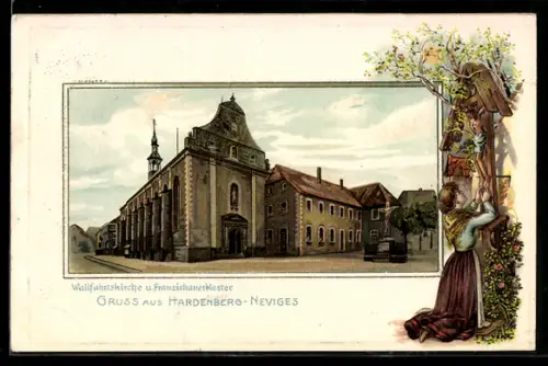 Künstler-AK Hardenberg-Neviges, Wallfahrtskirche und Franziskanerkloster, Frau betet am Flurkreuz