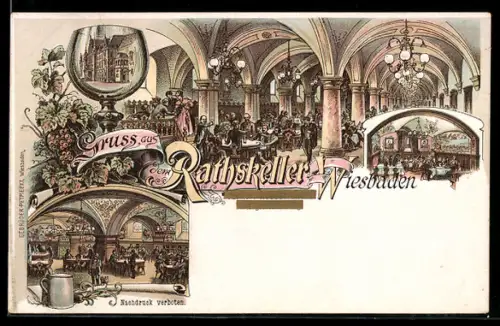 Lithographie Wiesbaden, Gasthaus Ratskeller, Innenansichten