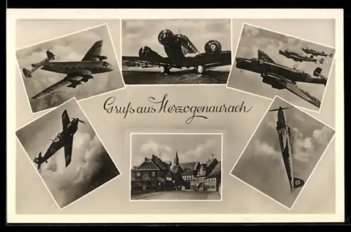 AK Herzogenaurach, Strassenpartie mit Kirche, Flugzeuge mit en