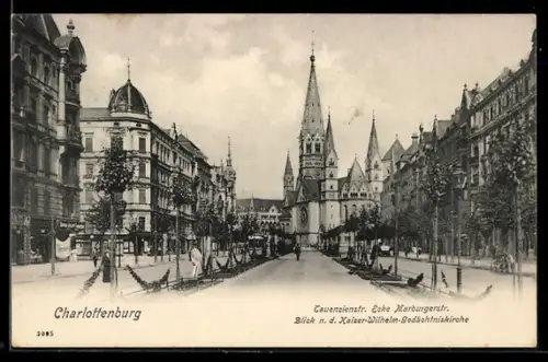 AK Berlin-Charlottenburg, Tauenzienstrasse Ecke Marburgerstrasse mit Blick nach der Kaiser-Wilhelm-Gedächtniskirche