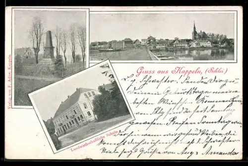 AK Kappeln /Schlei, Brücke mit Kirche, Landwirtschaftliche Schule, Denkmal