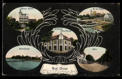 AK Bad Arnis, Kaufhaus Hans Nissen, Hospiz Bethel, Strandpartie