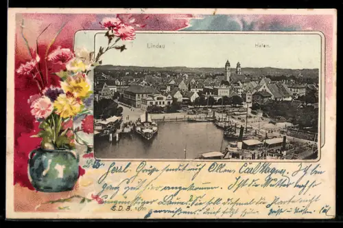 AK Lindau / Bodensee, Hafen mit Kirche, Vase mit Nelken, Passepartout