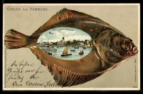 Passepartout-Lithographie Hamburg, Uhlenhorster Fährhaus mit Booten