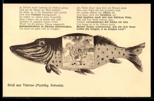 Grusskarten-AK Teterow, Bürger versuchen Licht in Säcken zu fangen, Hecht