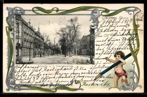 Lithographie Hamburg-Altona, Palmaille mit dem Generalgebäude, Kindlein mit Bleistift, Passepartout