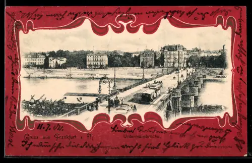 AK Frankfurt-Sachsenhausen, Untermain Brücke mit Strassenbahn und Blick zur Schaumainkaistrasse