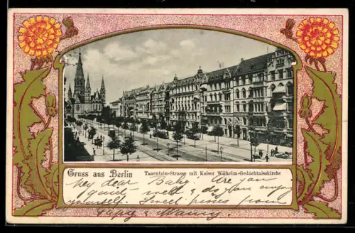 Lithographie Berlin-Charlottenburg, Tauentzin-Strasse mit Kaiser Wilhelm-Gedächtniskirche, Löwenzahn im Passepartout