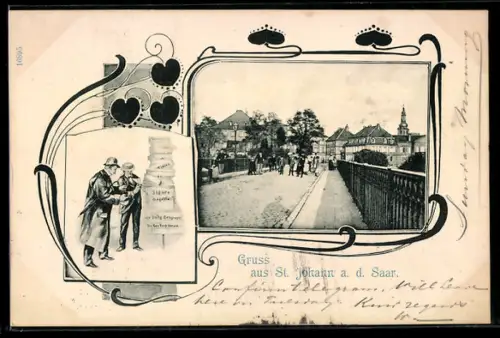 Lithographie St. Johann a. d. Saar, Brücke, Ein Herr kauft eine Zeitung, Passepartout