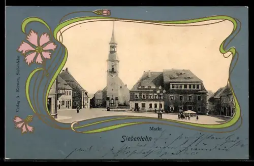 Lithographie Siebenlehn, Markt mit Kirche, Passepartout