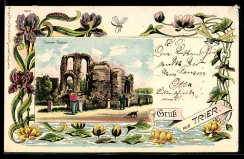 Lithographie Trier, Kaiser Palast, Seerosen mit Libelle, Passepartout