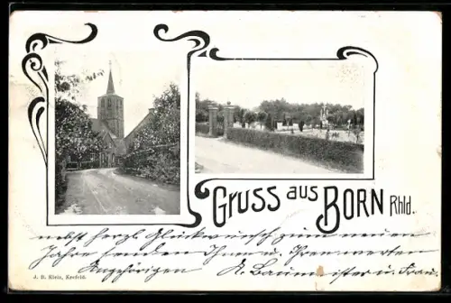 Passepartout-AK Born /Rhld., Kirche mit Strasse, Friedhof