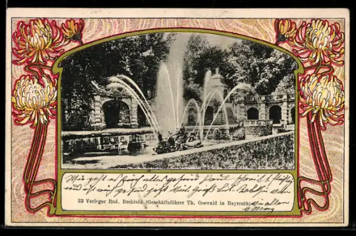 AK Bayreuth, Parkpartie mit Springbrunnen, Passepartout