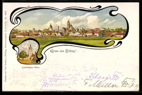 Künstler-AK Erding, Teilansicht, Landshuter Tor, Passepartout