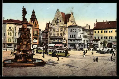 AK Halle, Markt mit Kriegerdenkmal und Strassenbahn