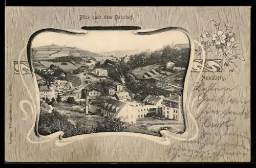 AK Annaberg, Totalansicht mit Bahnhof aus der Vogelschau, Ornament-Rahmen