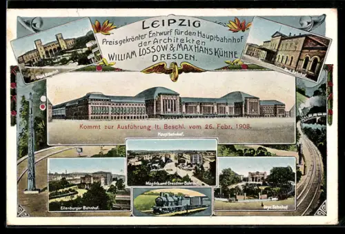 AK Leipzig, Entwurf für den Hauptbahnhof, Eilenburger Bhf., Magdeburger und Dresdner Bhf., Thür. Bhf.