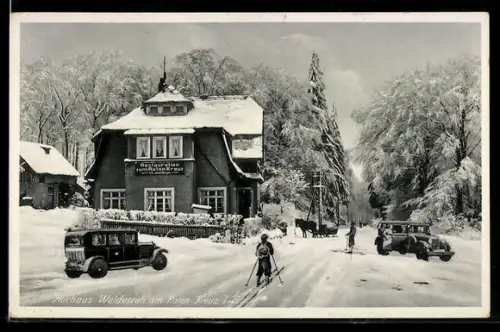 AK Reifenberg i. Ts., Kurhaus Waldesruh am Roten Kreuz, Kaffee Restaurant, Winteransicht, Pferdeschlitten, Skiläufer